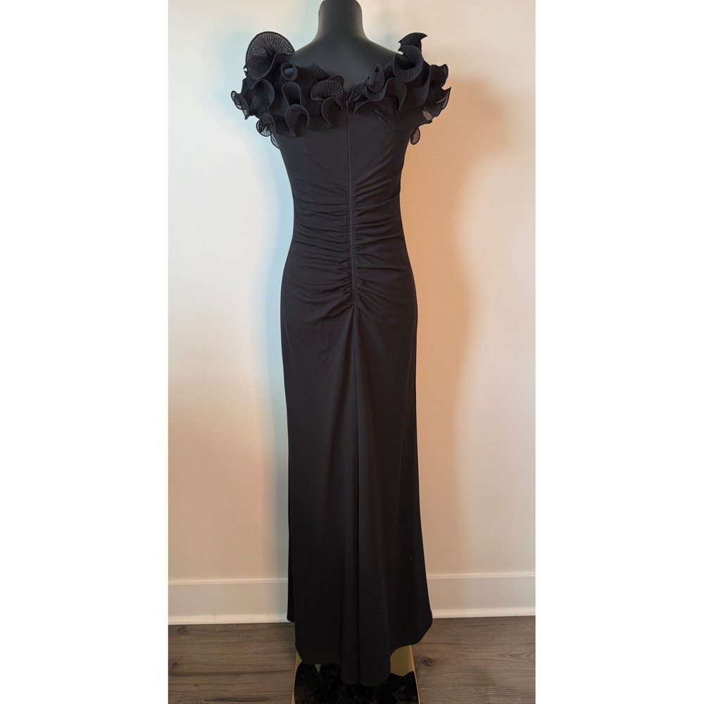 Xscape Womens 6 Black Pleated Ruffle Neck Gown Ruched Maxi Dress Formal Slit - Picture 8 of 16